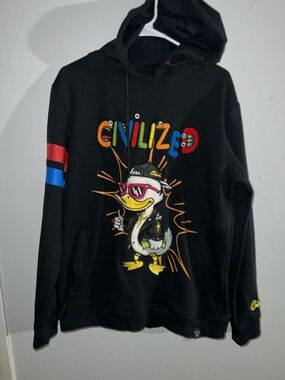 Black Graphic Crewneck Hoodie - Duck Patch Design